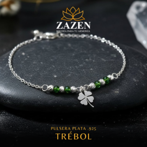 Pulsera con colgante de trébol y detalles verdes en plata .925