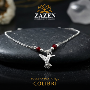 Pulsera con colgante de colibrí con detalles en rojo en plata .925